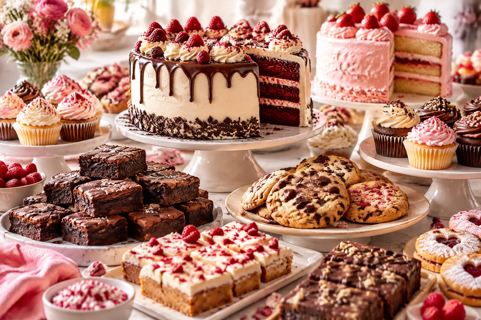 A huge spread of colourful cakes, cupcakes, brownies, cookies and traybakes